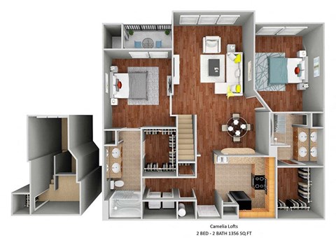 Floor plan for 2 beds, 2 baths, 1381 sqft